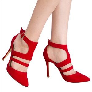 RED ANKLE STRAP POINTY TOE DORSAY STILETTO HEEL HOLIDAY CHRISTMAS
